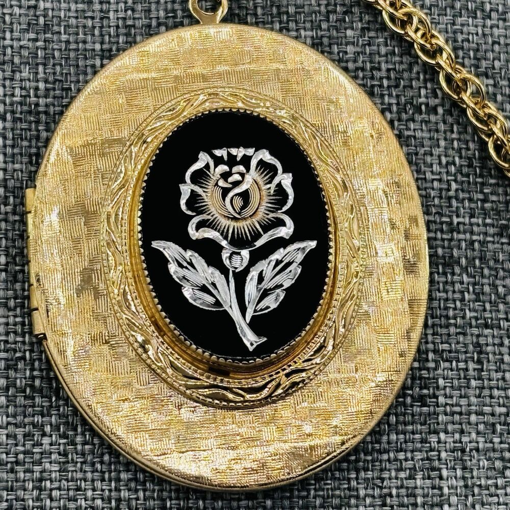 VTG AMCO 14K Gold Overlay Locket Pendant Necklace Hand Chiseled Floral 24" Chain